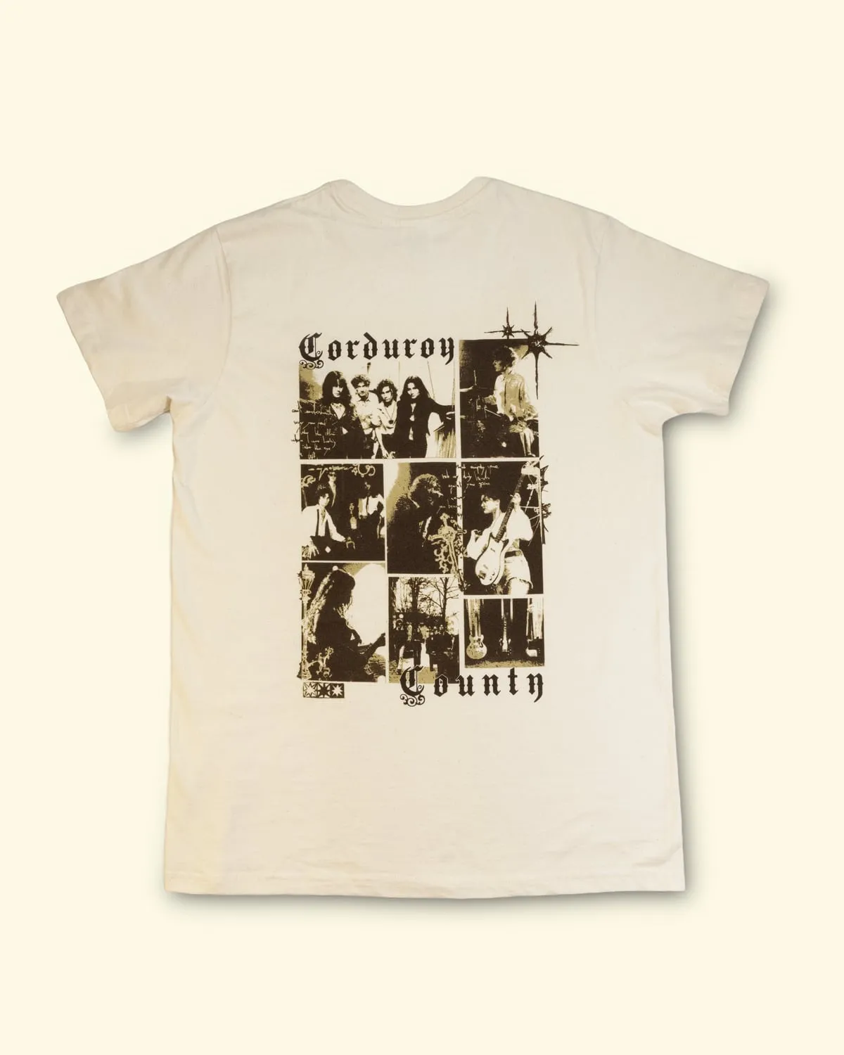 Natural T-shirt printed with a black-and-white photo collage between the words Corduroy and County.