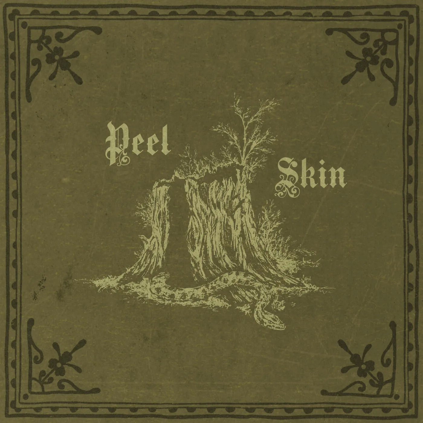 Sleeve for “Peel Skin”: a cluster of bare tree trunks drawn in pale cream on an olive ground, inside an ornamental printed border.