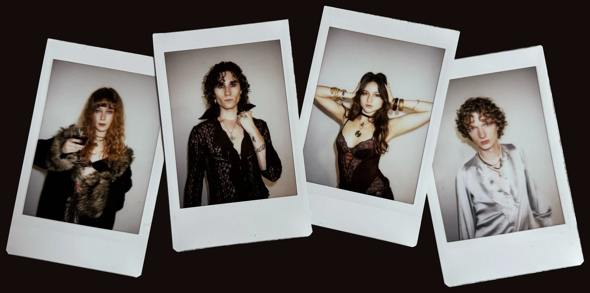 Four Polaroid portraits of Corduroy County, one of each member, fanned out in a row: a woman in fur holding a glass of wine, a man in a black lace shirt, a woman with her arms raised behind her head, and a man in a pale satin shirt.