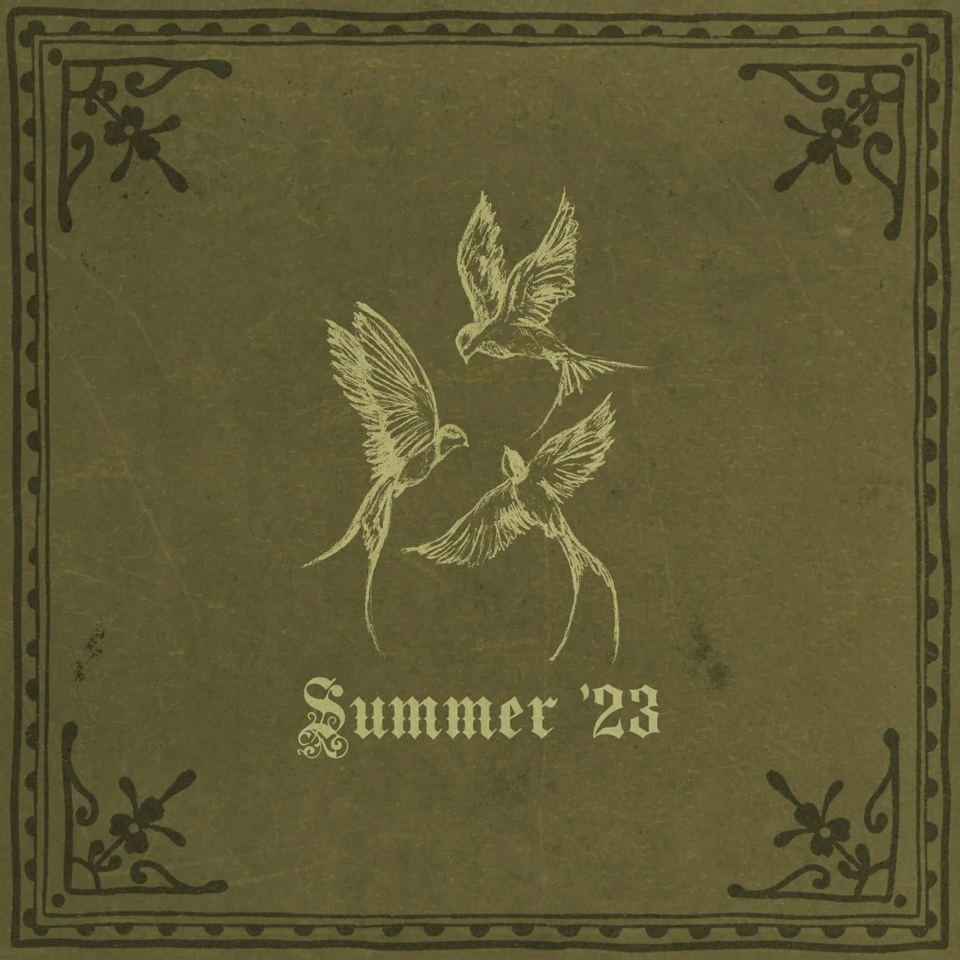 Cover of Bygone Memories: three swallows drawn in pale cream on an olive ground, inside an ornamental printed border, with “Summer ’23” set in blackletter beneath them.